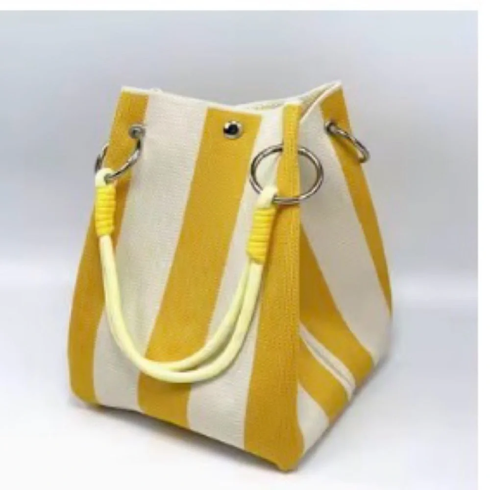 Yellow & White Striped Canvas Tote Bag - Casual Women’s Handbag
